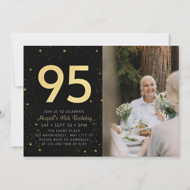 Invitación Galaxia moderna Foto Black Gold 95th Birthday Part (Anverso)