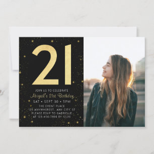 Invitación Galaxia moderna Foto Oro Negro 21 Fiesta de cumple