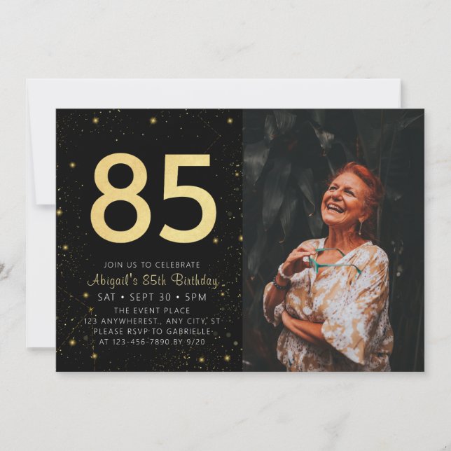 Invitación Galaxia moderna Foto Oro Negro 85 cumpleaños (Anverso)