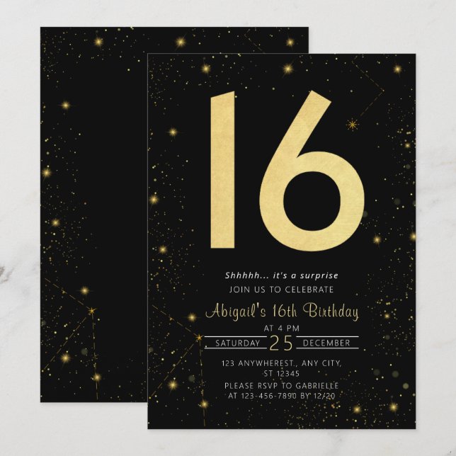 Invitación Galaxia moderna Oro negro dulce 16 cumpleaños fies (Anverso / Reverso)