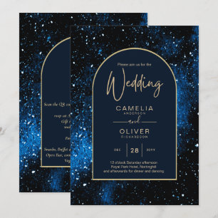 Invitación Galaxia Noche Estrellada Azul Marino Boda Dorada