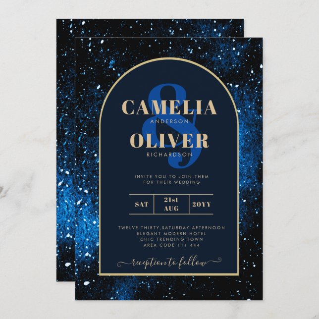 Invitación Galaxia Noche Estrellada Azul Marino Boda Dorada (Anverso / Reverso)