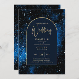 Invitación Galaxia Noche Estrellada Azul Marino Dorado Boda