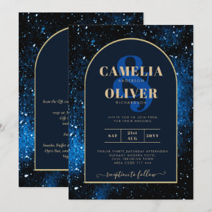 Invitación Galaxia Noche Estrellada Azul Marino Dorado Boda