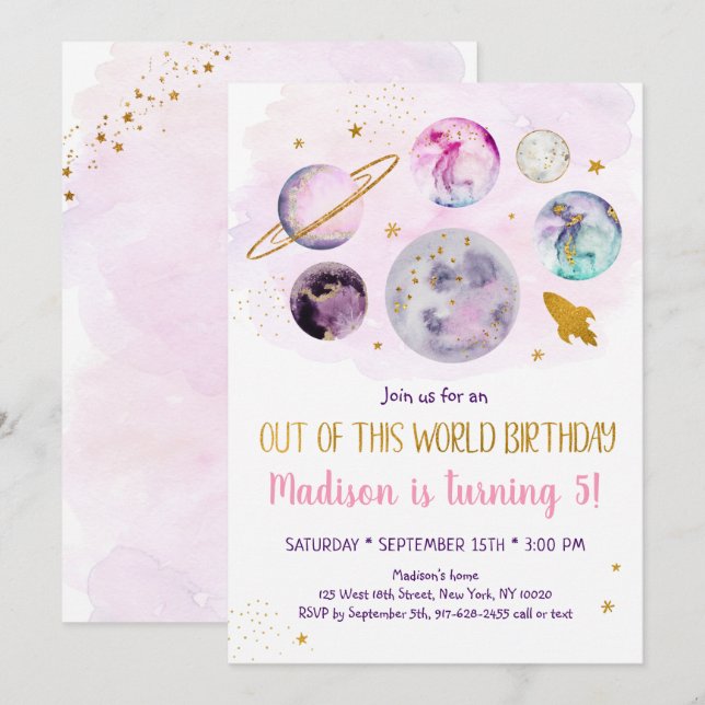 Invitación Galaxia Oro Rosa De Este Cumpleaños Mundial (Anverso / Reverso)