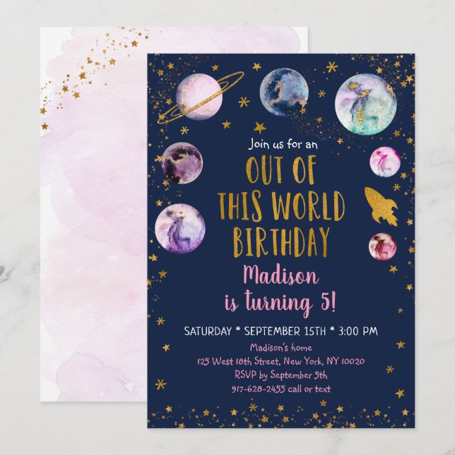 Invitación Galaxia Oro Rosa De Este Cumpleaños Mundial (Anverso / Reverso)
