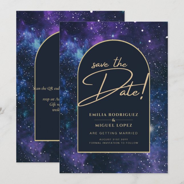 Invitación Galaxia Púrpura Azul Starry Night Boda Guardar fec (Anverso / Reverso)