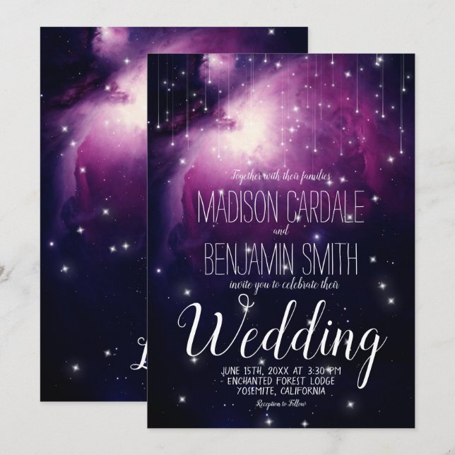 Invitación Galaxia púrpura Estrellas celestes Boda de las luc (Anverso / Reverso)