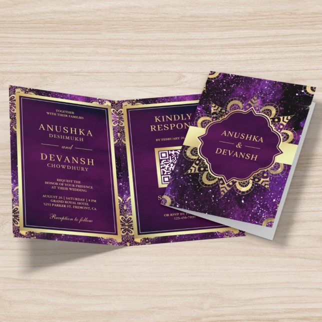 Invitación Galaxia púrpura oro Mandala Código QR Boda indio (Subido por el creador)