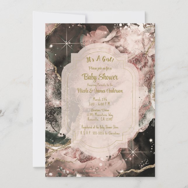 Invitación Galaxia Rosa Fumada Aquarela Oro Celestial Bebe (Anverso)