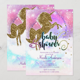 Invitación Galaxia Rosa Mágico Unicornio Brillante Baby Showe