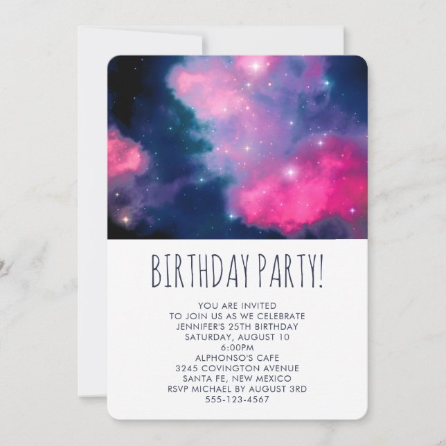 Invitación Galaxia rosa y azul y estrellas resumen cumpleaños (Anverso)