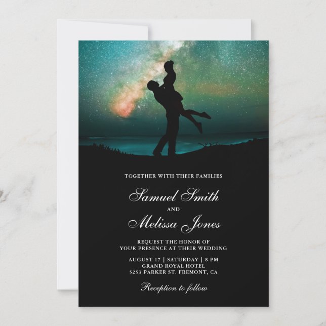 Invitación Galaxia Verde Turquesa Pareja Romántica Boda (Anverso)