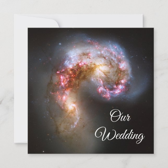 Invitación Galaxias Antennae Estrellas Rosadas Boda Cósmica (Anverso)