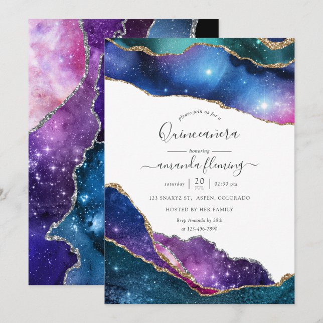 Invitación Galaxy Agate Quinceañera (Anverso / Reverso)