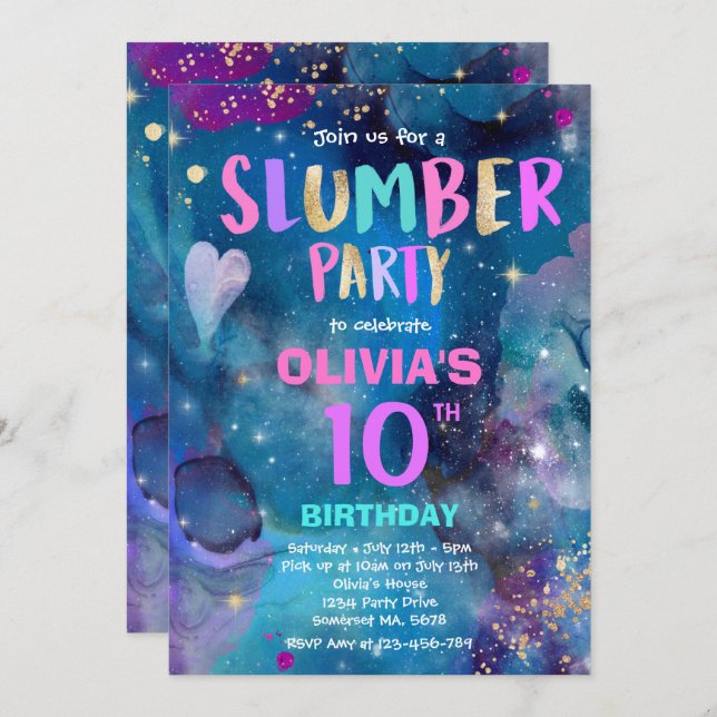 Invitación Galaxy Birthday Party Tween Galaxy Slumber Fiesta (Anverso / Reverso)
