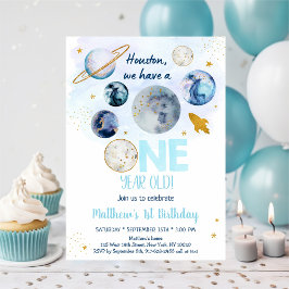 Invitación Galaxy Blue Gold Espacio Ultraterrestre Primer Cum