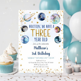 Invitación Galaxy Blue Gold Space Tercer Cumpleaños