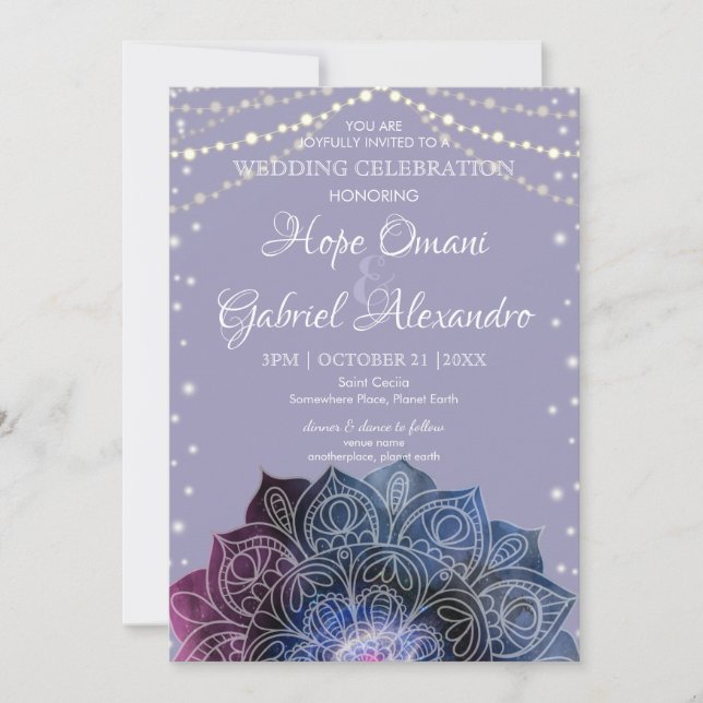 Invitación Galaxy Boho Nebula Mandala Led Bulb Boda (Anverso)