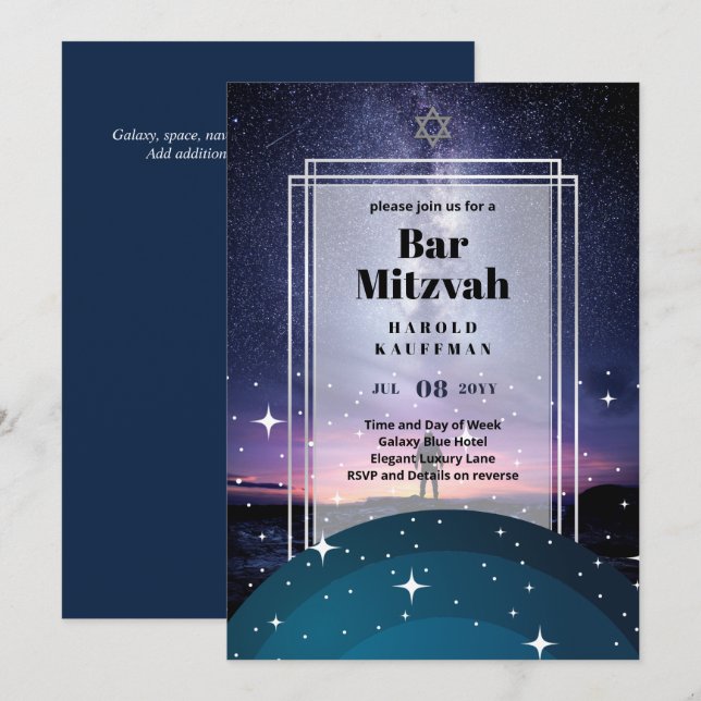 Invitación GALAXY Boys BAR Astronauta MITVAH Spaceman (Anverso / Reverso)