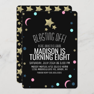 Invitación Galaxy Faux Gold Stars Confetti Space Cumpleaños