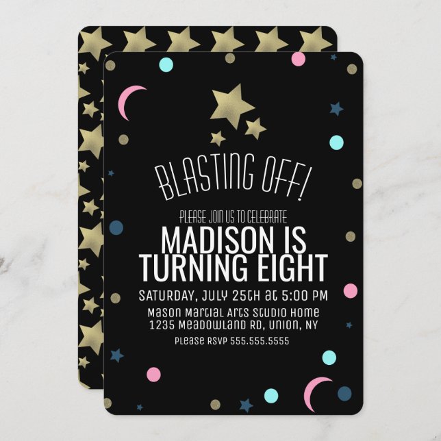 Invitación Galaxy Faux Gold Stars Confetti Space Cumpleaños (Anverso / Reverso)