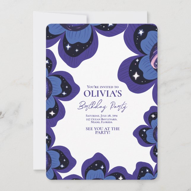 Invitación Galaxy Floral Purple Birthday (Anverso)
