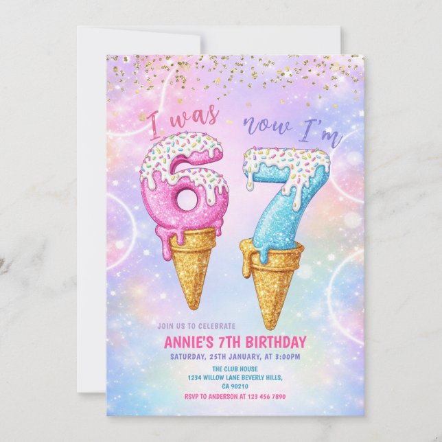 Invitación Galaxy Glitter Cumpleaños De 6 A 7 Helado  (Anverso)