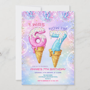 Invitación Galaxy Glitter Disco Ball 7 Cumpleaños Helado