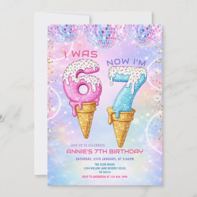 Invitación Galaxy Glitter Disco Ball 7 Cumpleaños Helado  (Anverso)