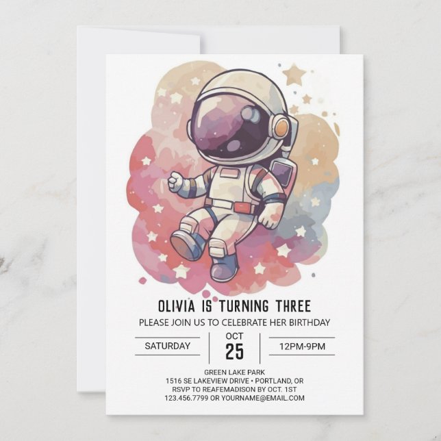 Invitación Galaxy Moda Journey Astronauta Cumpleaños (Anverso)
