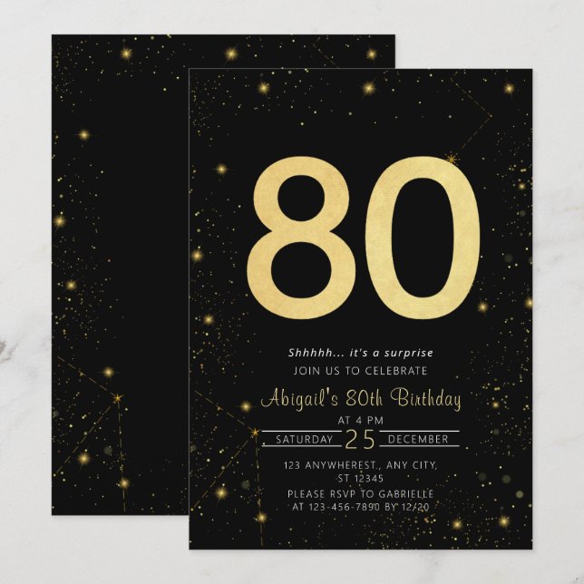 Invitación Galaxy Modern Black and Gold 80th Birthday Party (Anverso / Reverso)