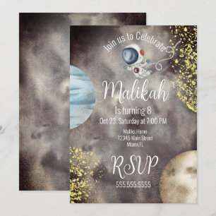 Invitación Galaxy Planetario Espacio Acuarela Fiesta de Cumpl