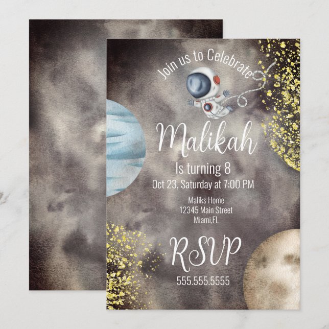 Invitación Galaxy Planetario Espacio Acuarela Fiesta de Cumpl (Anverso / Reverso)