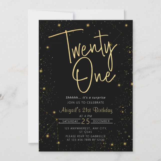 Invitación Galaxy Script Black and Gold 21st Birthday Fiesta (Anverso)