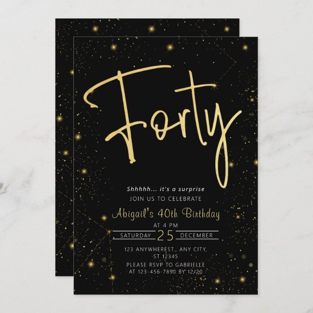 Invitación Galaxy Script Black and Gold 40th Birthday Fiesta (Anverso / Reverso)