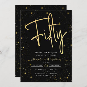 Invitación Galaxy Script Black and Gold 50th Birthday Party