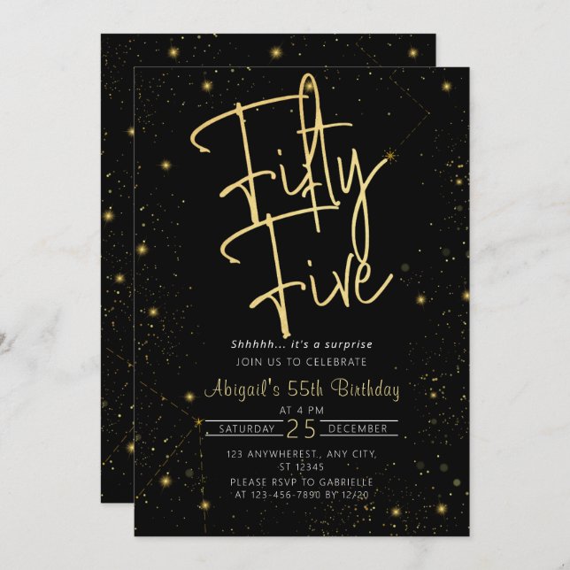 Invitación Galaxy Script Black and Gold 55th Birthday Party (Anverso / Reverso)