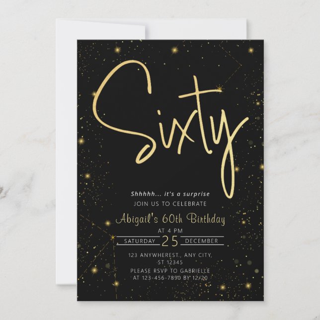 Invitación Galaxy Script Black and Gold 60th Birthday Party (Anverso)