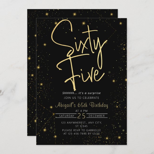 Invitación Galaxy Script Black and Gold 65th Birthday Party (Anverso / Reverso)