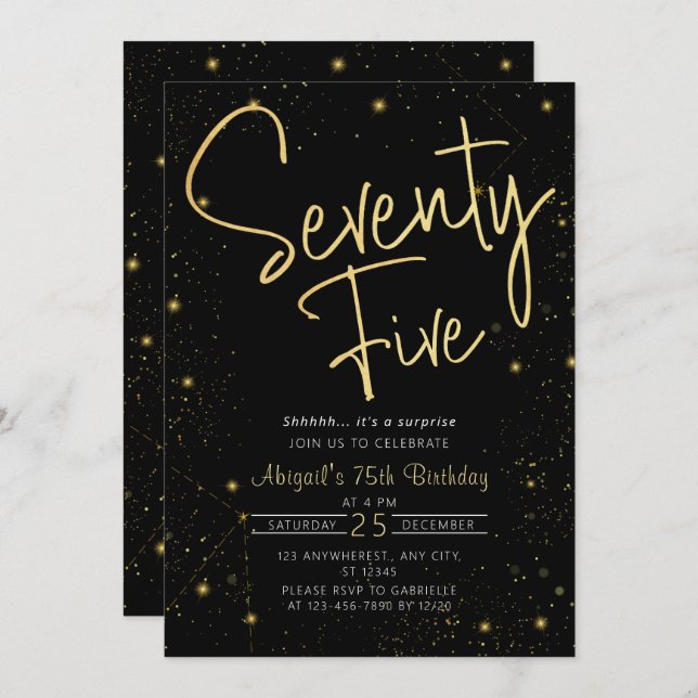 Invitación Galaxy Script Black and Gold 75th Birthday Party (Anverso / Reverso)