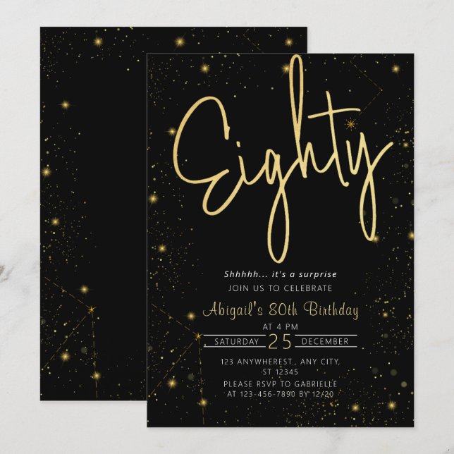 Invitación Galaxy Script Black and Gold 80th Birthday Party (Anverso / Reverso)