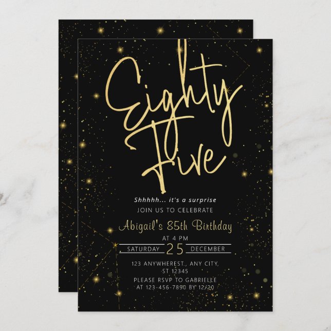 Invitación Galaxy Script Black and Gold 85th Birthday Party (Anverso / Reverso)