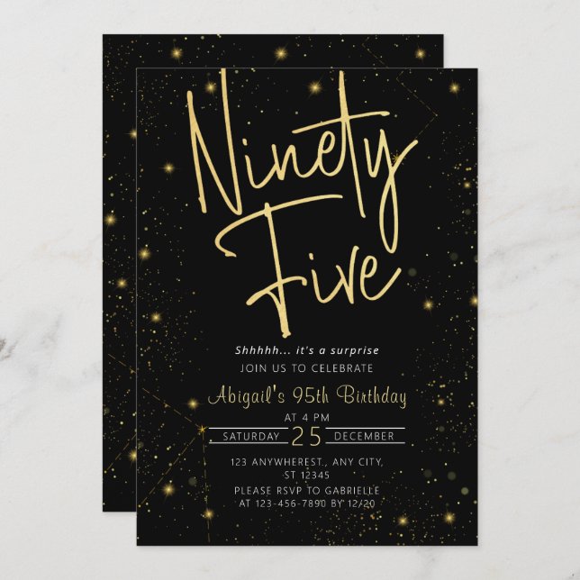 Invitación Galaxy Script Black and Gold 95th Birthday Party (Anverso / Reverso)