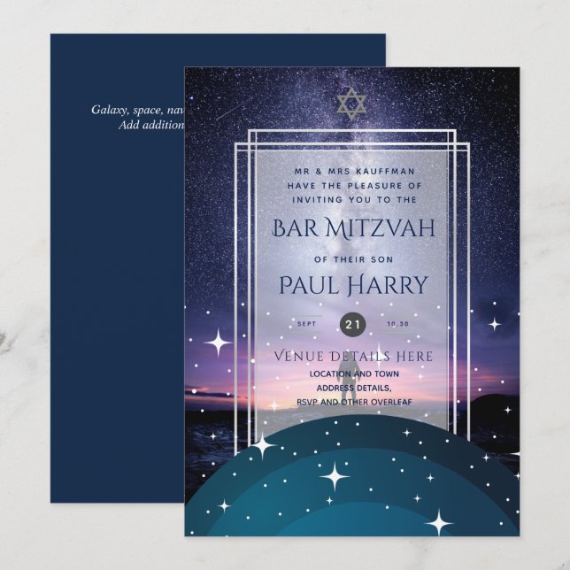 Invitación Galaxy Starry Night BAR MITZVAH Invitó a la Armada (Anverso / Reverso)