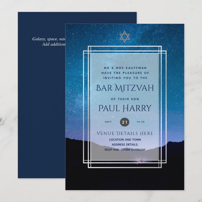 Invitación Galaxy Starry Night BAR MITZVAH Invitó a la Armada (Anverso / Reverso)