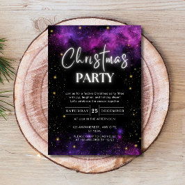 Invitación Galaxy Starry Space Neon Black Navidades Fiesta