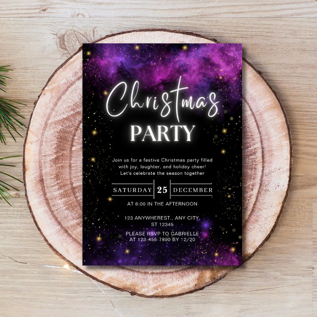 Invitación Galaxy Starry Space Neon Black Navidades Fiesta (Galaxy Starry Space Neon Black Christmas Party Invitation )