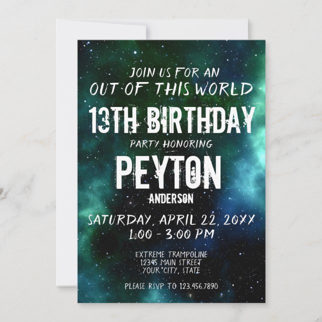 Invitación Galaxy Stars Birthday Party Green Blue (Anverso)