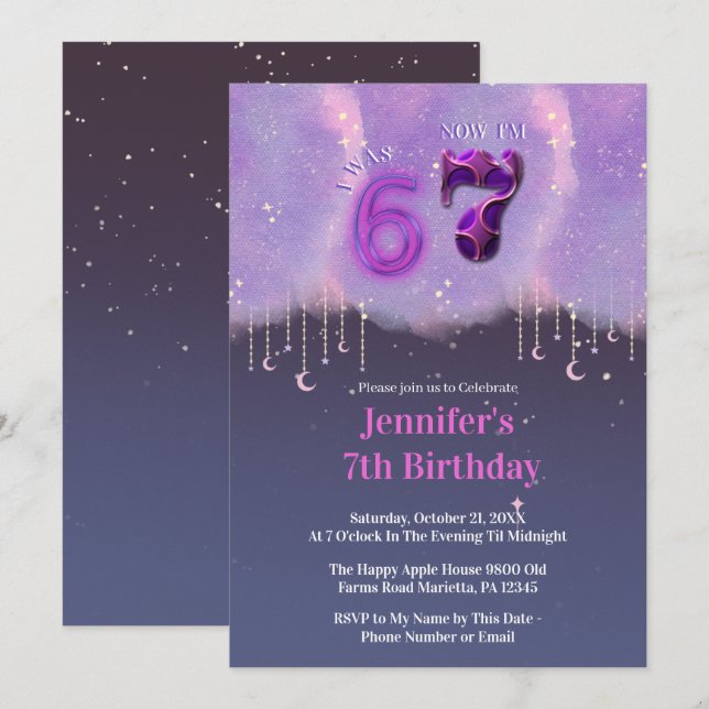 Invitación Galaxy Trend Meme Cumpleaños De Niña De 6 A 7 Años (Anverso / Reverso)